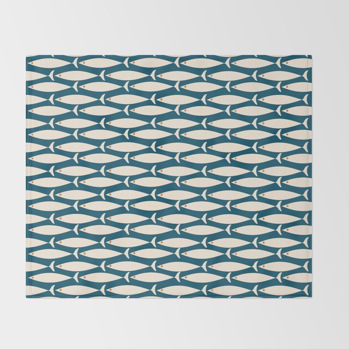 Mid Century Modern Fish Minimalist Geo Pattern Teal Orange Cream Throw Blanket Gallery Image 2