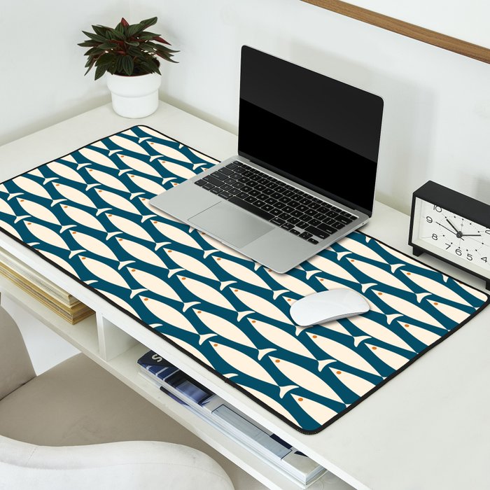Mid Century Modern Fish Minimalist Geo Pattern Teal Orange Cream Desk Mat Gallery Image 2
