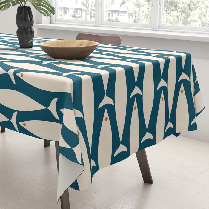 Mid Century Modern Fish Minimalist Geo Pattern Teal Orange Cream Tablecloth Gallery Image 3