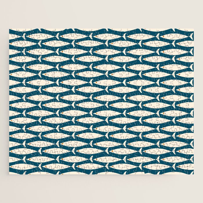 Mid Century Modern Fish Minimalist Geo Pattern Teal Orange Cream Jigsaw Puzzle Gallery Image 1