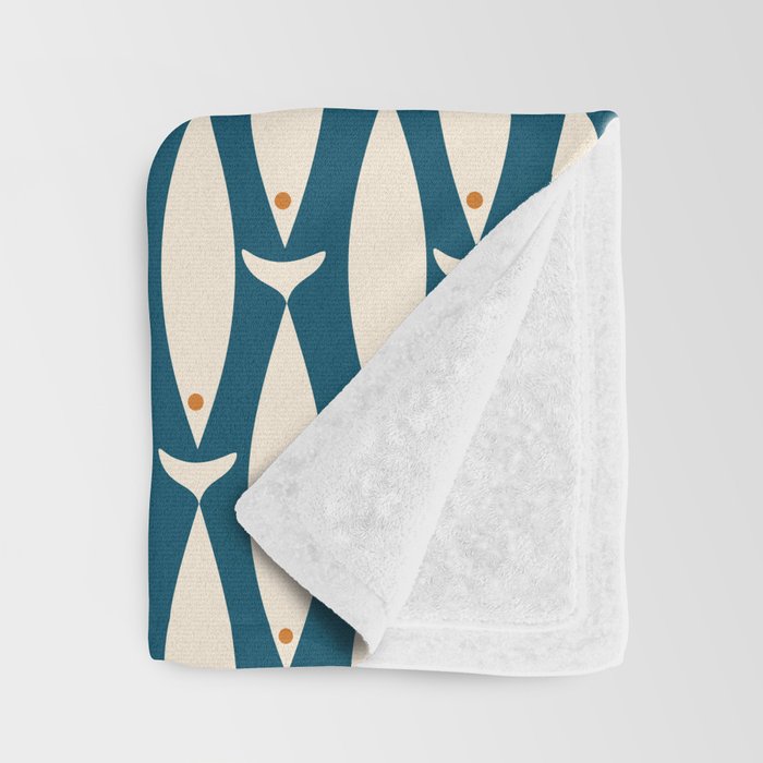 Mid Century Modern Fish Minimalist Geo Pattern Teal Orange Cream Throw Blanket Gallery Image 3