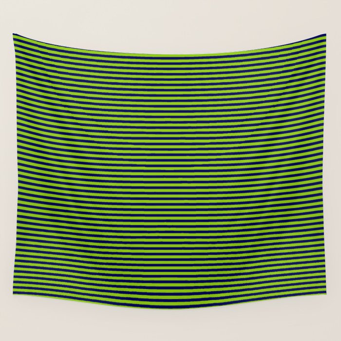 Ultra Fine Stripe Narrow Pinstripe Pattern in Lime Green and Navy Blue Wall Tapestry Gallery Image 1