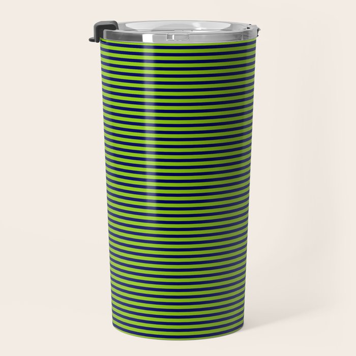 Ultra Fine Stripe Narrow Pinstripe Pattern in Lime Green and Navy Blue Travel Mug Gallery Image 3