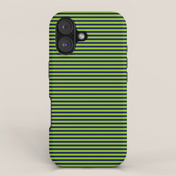 Ultra Fine Stripe Narrow Pinstripe Pattern in Lime Green and Navy Blue iPhone Case Gallery Image 1