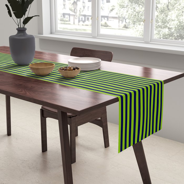 Ultra Fine Stripe Narrow Pinstripe Pattern in Lime Green and Navy Blue Table Runner Gallery Image 2