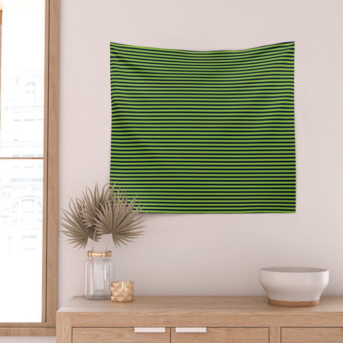 Ultra Fine Stripe Narrow Pinstripe Pattern in Lime Green and Navy Blue Wall Tapestry Gallery Image 2
