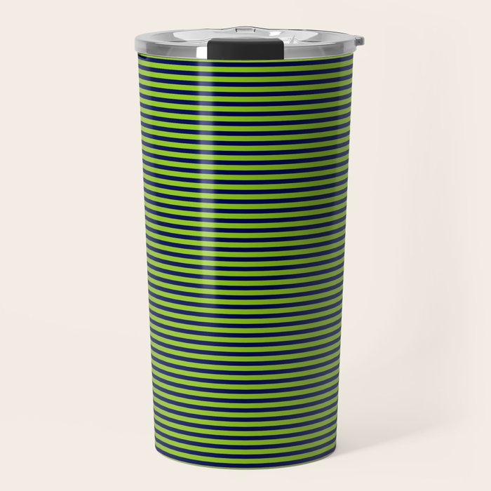 Ultra Fine Stripe Narrow Pinstripe Pattern in Lime Green and Navy Blue Travel Mug Gallery Image 1