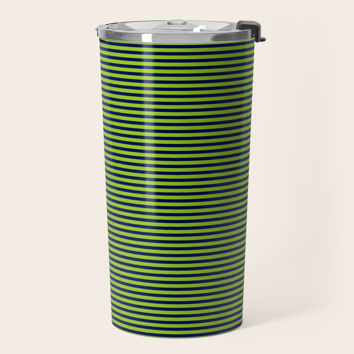 Ultra Fine Stripe Narrow Pinstripe Pattern in Lime Green and Navy Blue Travel Mug Gallery Image 2