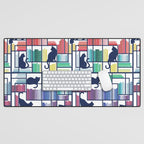 Rainbow bookshelf // white background navy blue shelf and library cats Desk Mat Gallery Image 1