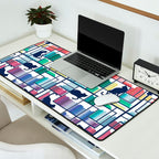 Rainbow bookshelf // white background navy blue shelf and library cats Desk Mat Gallery Image 2
