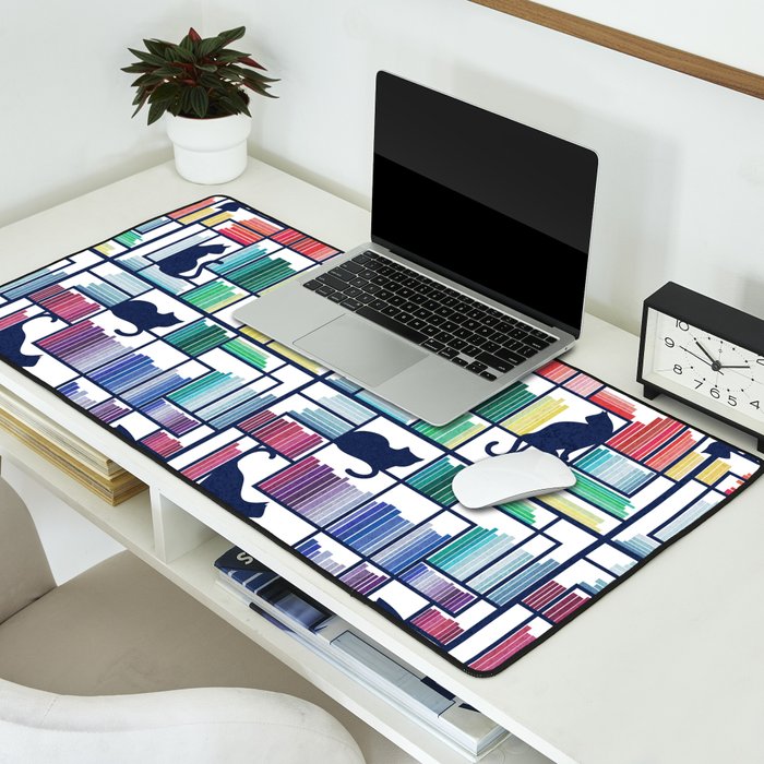 Rainbow bookshelf // white background navy blue shelf and library cats Desk Mat Gallery Image 2