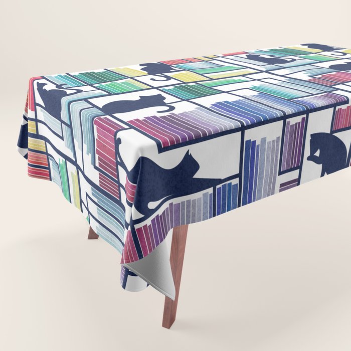 Rainbow bookshelf // white background navy blue shelf and library cats Tablecloth Gallery Image 1