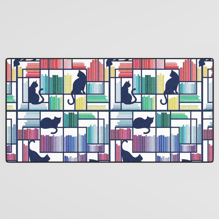 Rainbow bookshelf // white background navy blue shelf and library cats Desk Mat Gallery Image 3