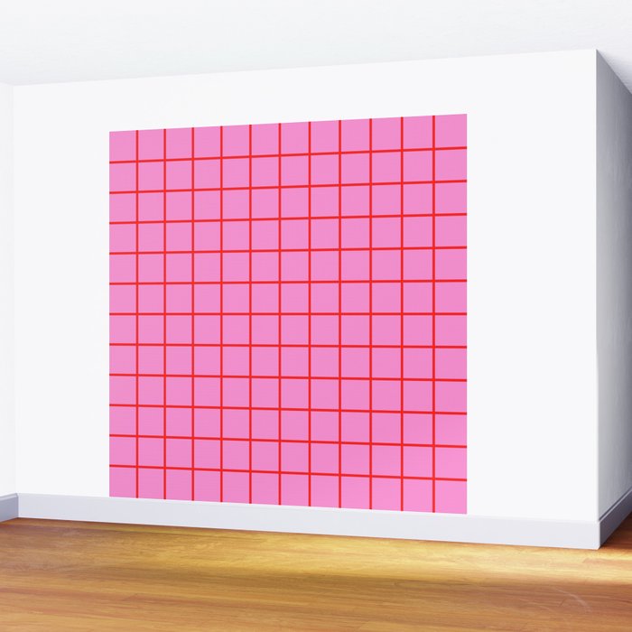 Preppy Pink and Red Grid Pattern Wall Mural Gallery Image 2