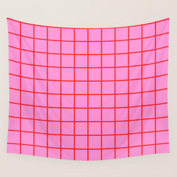 Preppy Pink and Red Grid Pattern Wall Tapestry Gallery Image 4