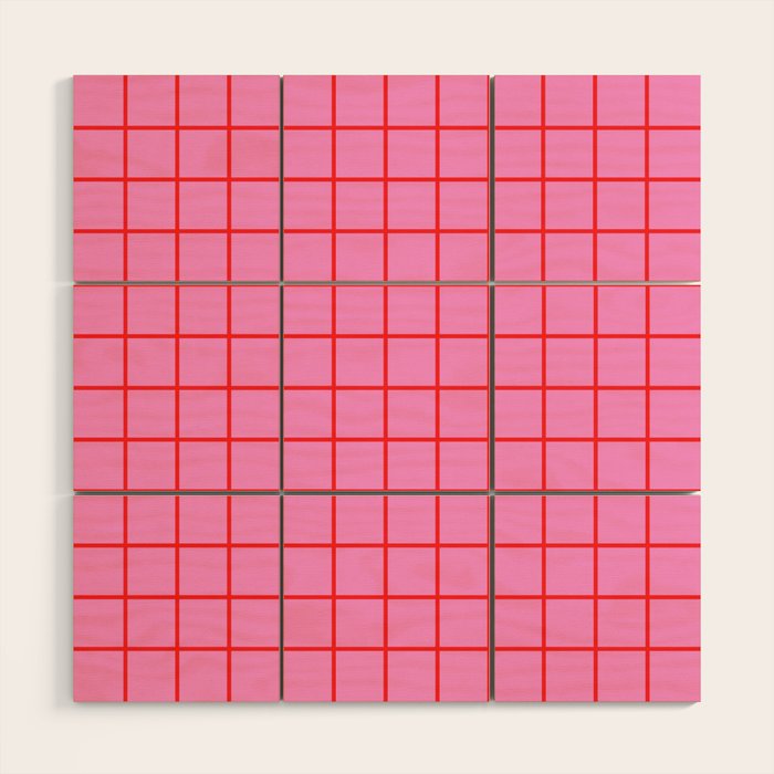 Preppy Pink and Red Grid Pattern Wood Wall Art Gallery Image 1