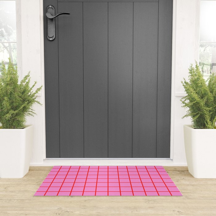 Preppy Pink and Red Grid Pattern Welcome Mat Gallery Image 3