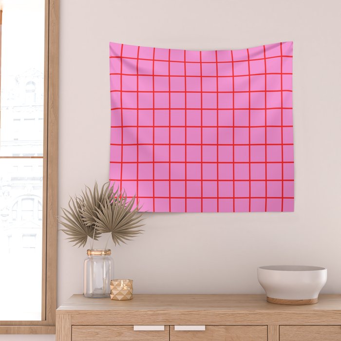 Preppy Pink and Red Grid Pattern Wall Tapestry Gallery Image 2
