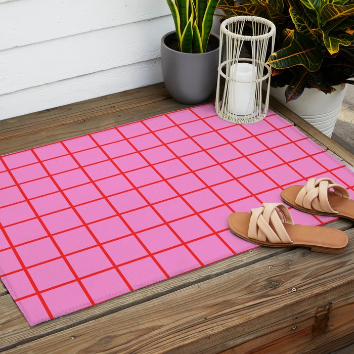 Preppy Pink and Red Grid Pattern Outdoor Rug Gallery Image 2