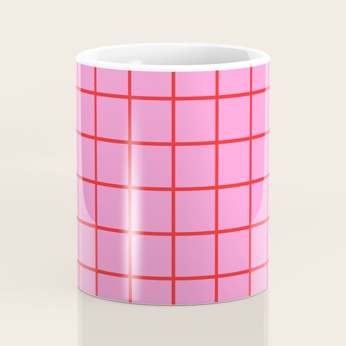 Preppy Pink and Red Grid Pattern Coffee Mug Gallery Image 4