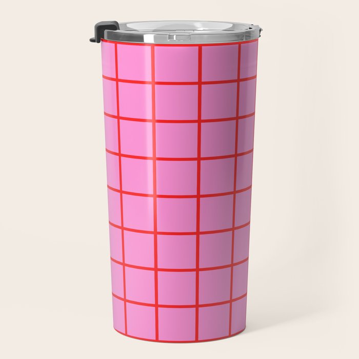 Preppy Pink and Red Grid Pattern Travel Mug Gallery Image 3