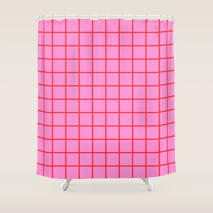 Preppy Pink and Red Grid Pattern Shower Curtain Gallery Image 1