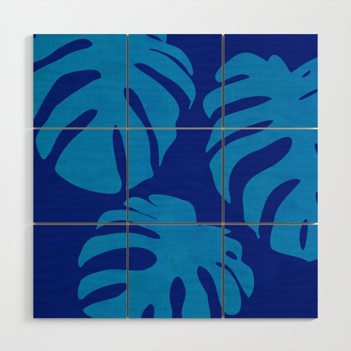 night monstera blue summer plant leaves Wood Wall Art Gallery Image 1