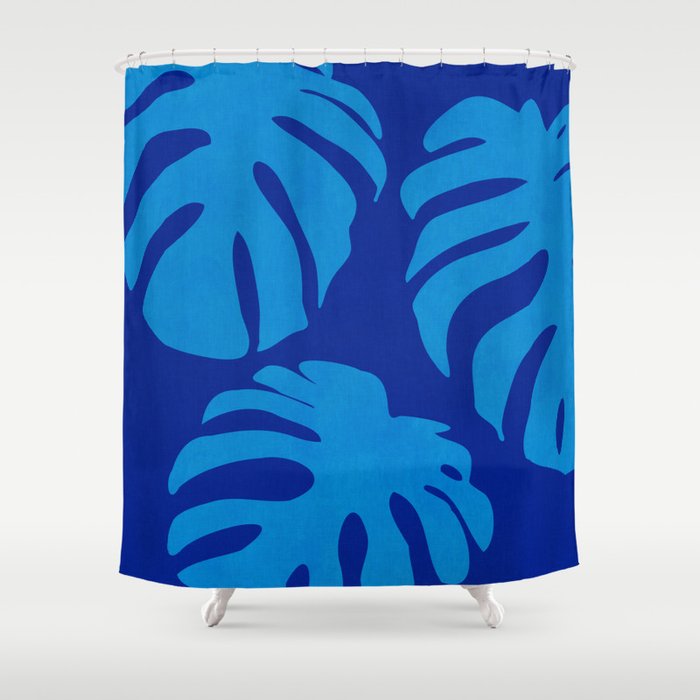 night monstera blue summer plant leaves Shower Curtain Gallery Image 1