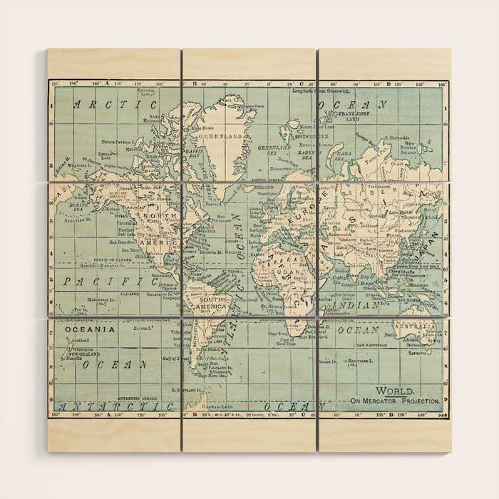 World Map in Blue and Cream Wood Wall Art Gallery Image 1