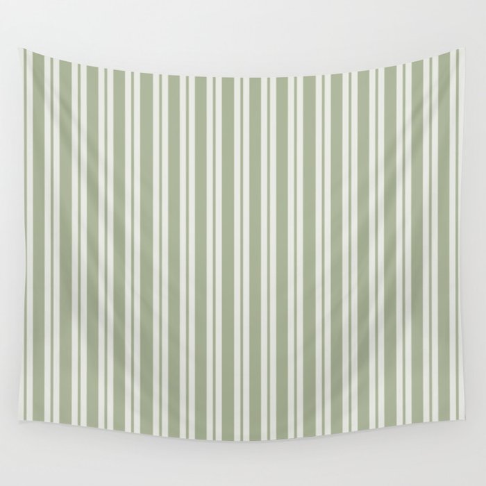 Classic Double Stripe Pattern in Pale Gray and Sage Green Wall Tapestry Gallery Image 1