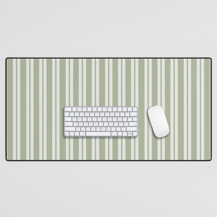 Classic Double Stripe Pattern in Pale Gray and Sage Green Desk Mat Gallery Image 1