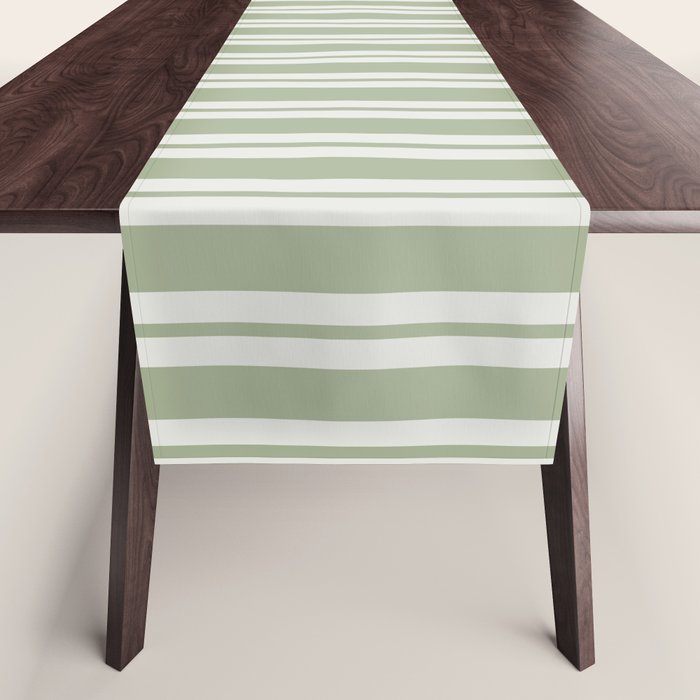 Classic Double Stripe Pattern in Pale Gray and Sage Green Table Runner Gallery Image 1