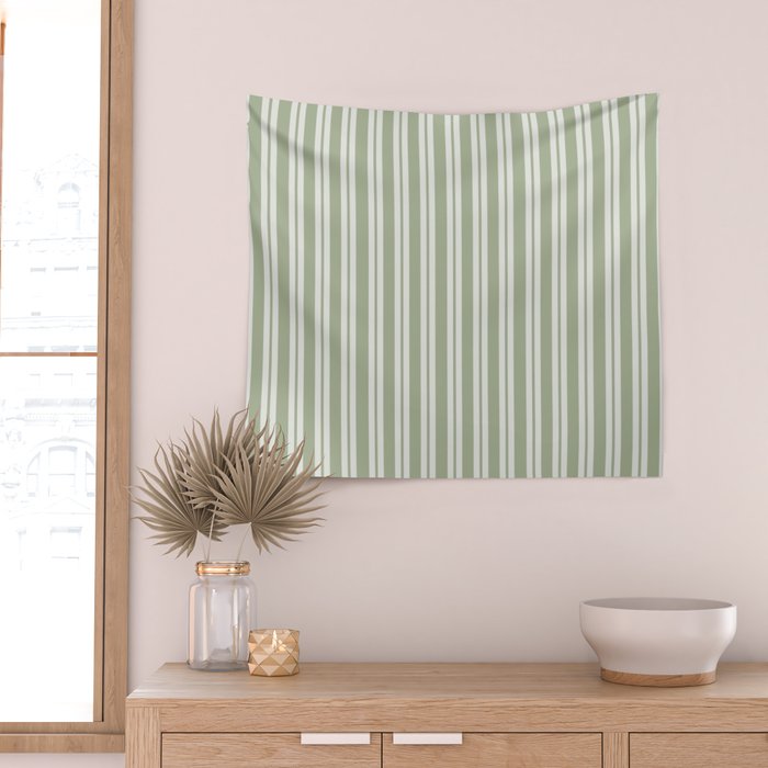 Classic Double Stripe Pattern in Pale Gray and Sage Green Wall Tapestry Gallery Image 2
