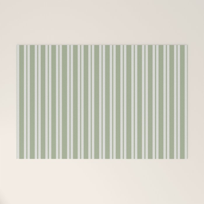 Classic Double Stripe Pattern in Pale Gray and Sage Green Welcome Mat Gallery Image 1