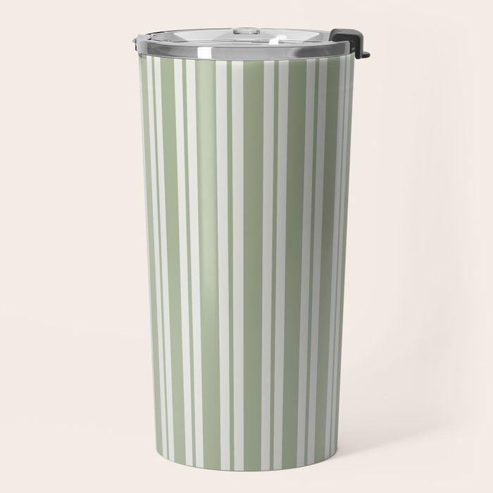 Classic Double Stripe Pattern in Pale Gray and Sage Green Travel Mug Gallery Image 2