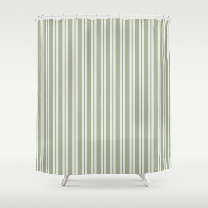 Classic Double Stripe Pattern in Pale Gray and Sage Green Shower Curtain Gallery Image 1