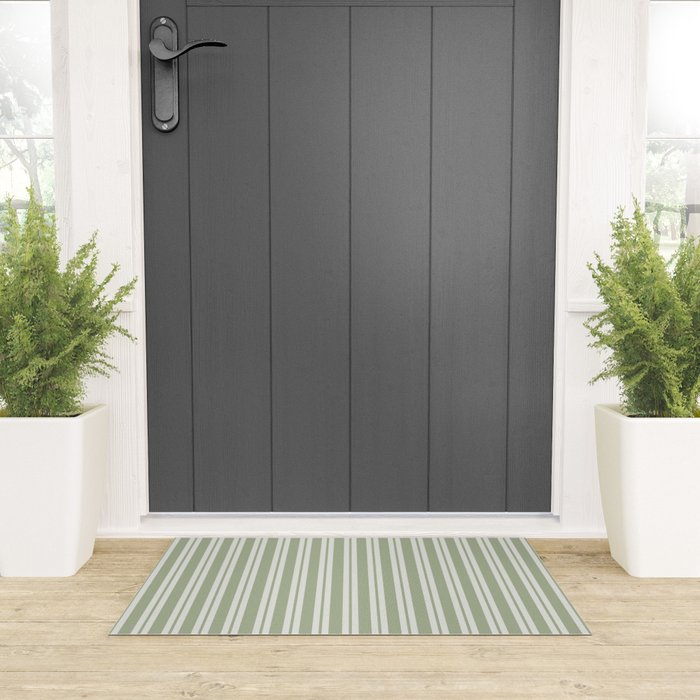 Classic Double Stripe Pattern in Pale Gray and Sage Green Welcome Mat Gallery Image 3