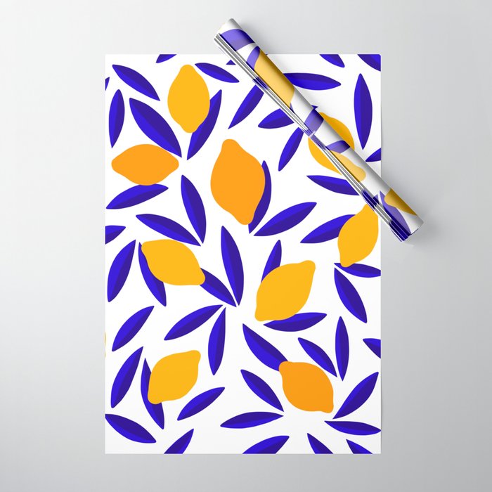 Blue and yellow Lemon Summery Pattern Wrapping Paper Gallery Image 1