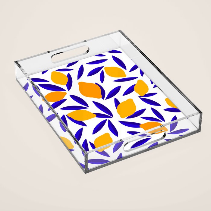 Blue and yellow Lemon Summery Pattern Acrylic Tray Gallery Image 1