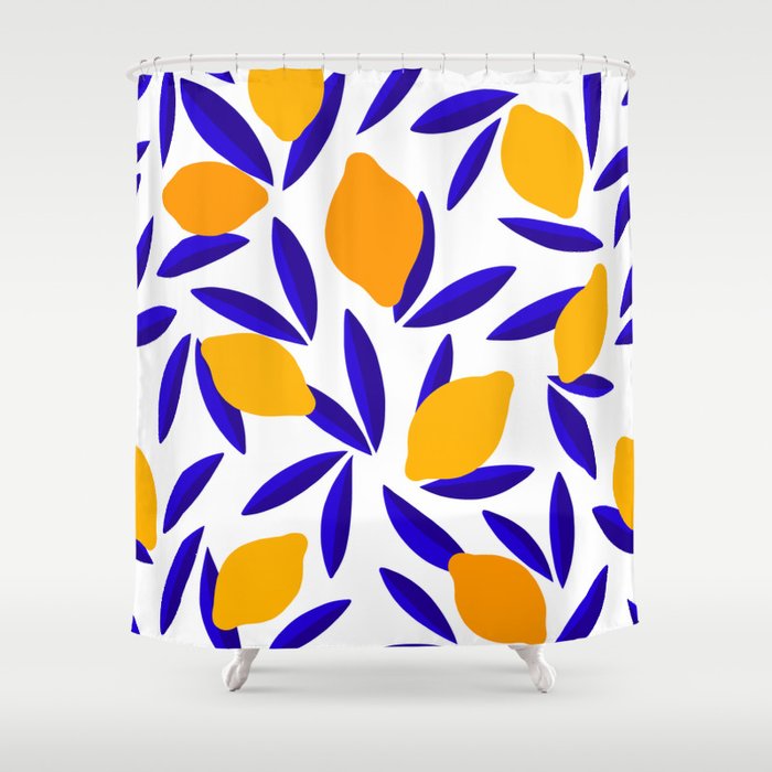 Blue and yellow Lemon Summery Pattern Shower Curtain Gallery Image 1