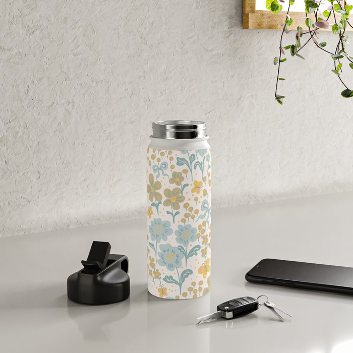 Vintage Floral Butterfly Pattern  Blue Yellow Pastel Garden with Bows and Blossoms Water Bottle Gallery Image 4