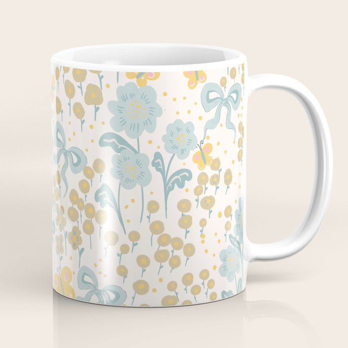 Vintage Floral Butterfly Pattern  Blue Yellow Pastel Garden with Bows and Blossoms Coffee Mug Gallery Image 1