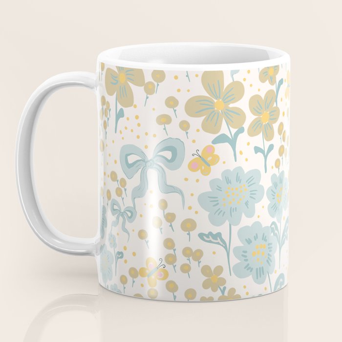 Vintage Floral Butterfly Pattern  Blue Yellow Pastel Garden with Bows and Blossoms Coffee Mug Gallery Image 3