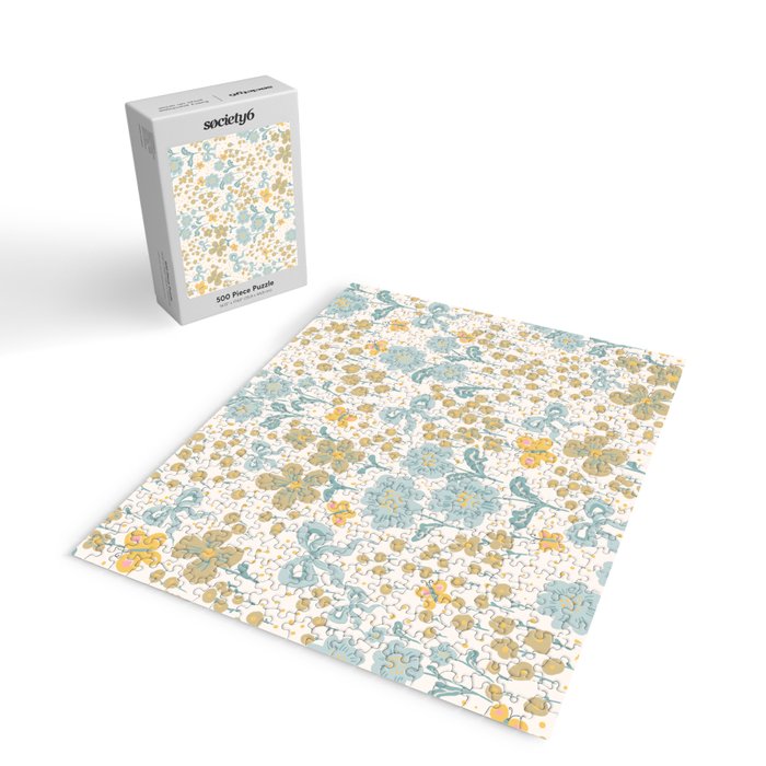 Vintage Floral Butterfly Pattern  Blue Yellow Pastel Garden with Bows and Blossoms Jigsaw Puzzle Gallery Image 2