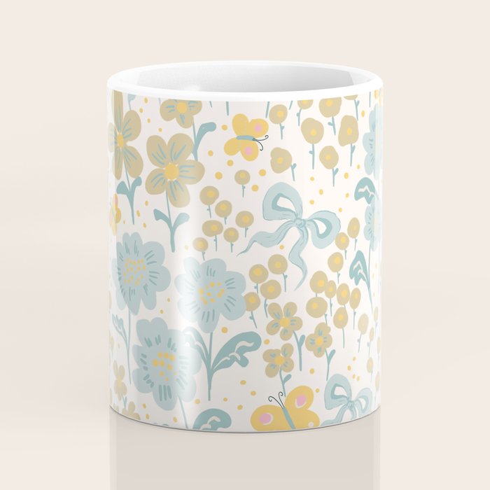 Vintage Floral Butterfly Pattern  Blue Yellow Pastel Garden with Bows and Blossoms Coffee Mug Gallery Image 4