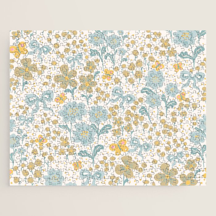 Vintage Floral Butterfly Pattern  Blue Yellow Pastel Garden with Bows and Blossoms Jigsaw Puzzle Gallery Image 1