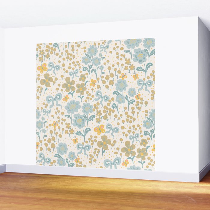 Vintage Floral Butterfly Pattern  Blue Yellow Pastel Garden with Bows and Blossoms Wall Mural Gallery Image 2