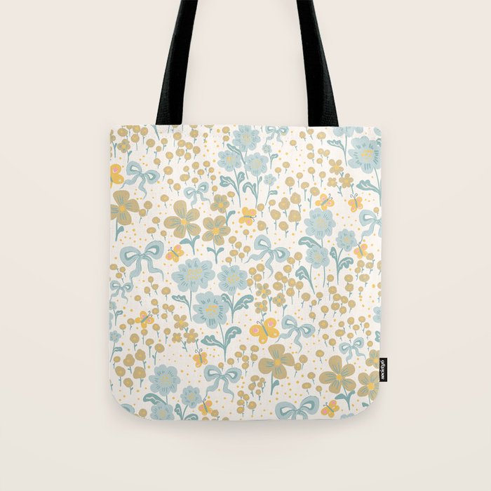Vintage Floral Butterfly Pattern  Blue Yellow Pastel Garden with Bows and Blossoms Tote Bag Gallery Image 1