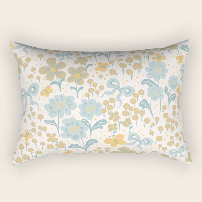 Vintage Floral Butterfly Pattern  Blue Yellow Pastel Garden with Bows and Blossoms Rectangular Pillow Gallery Image 2