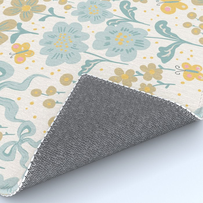 Vintage Floral Butterfly Pattern  Blue Yellow Pastel Garden with Bows and Blossoms Rug Gallery Image 4
